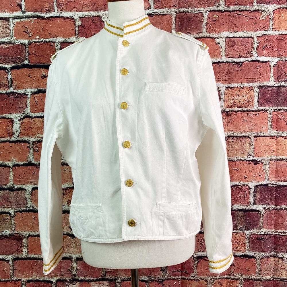 Vintage 90’s White Gold Nautical Military Style Denim Jacket Lg